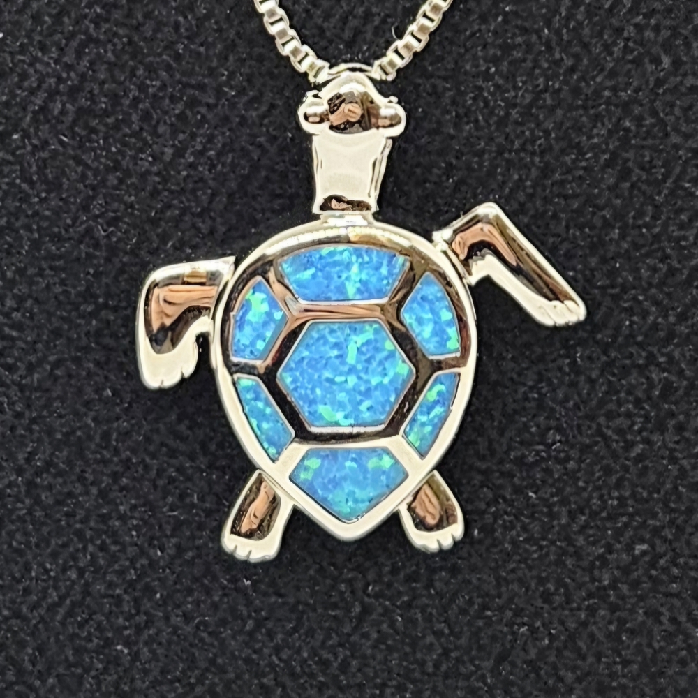 Blue Opal Turtle Pendant Necklace 925 Silver - Picture 10 of 16